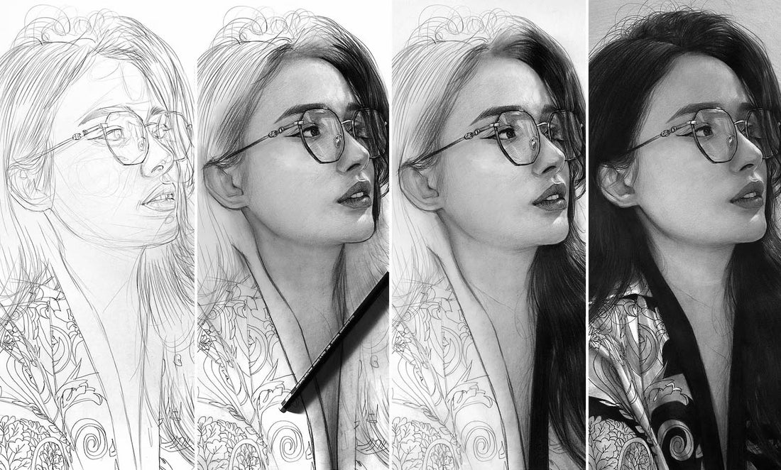Stylized illustration of a woman with glasses progressing from sketch to finished artwork
