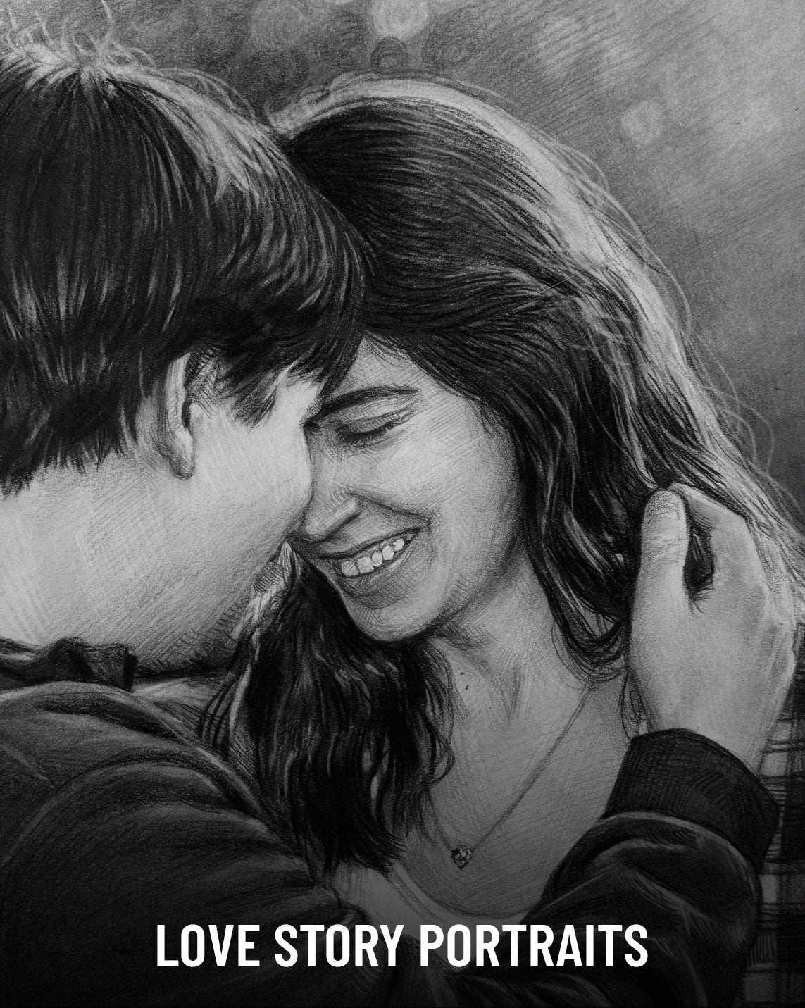 Англійською (ідеально для SEO вашого сайту):  Detailed black and white graphite pencil drawing of a romantic couple embracing. The man and woman have their foreheads gently touching, with the woman smiling happily with her eyes closed.