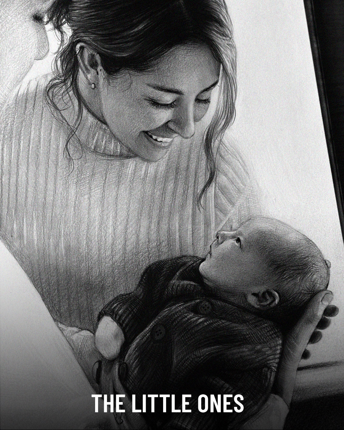 A realistic black-and-white pencil sketch of an intimate moment between a smiling woman and a baby. The baby, wrapped in a dark knitted sweater, looks up at the woman's face