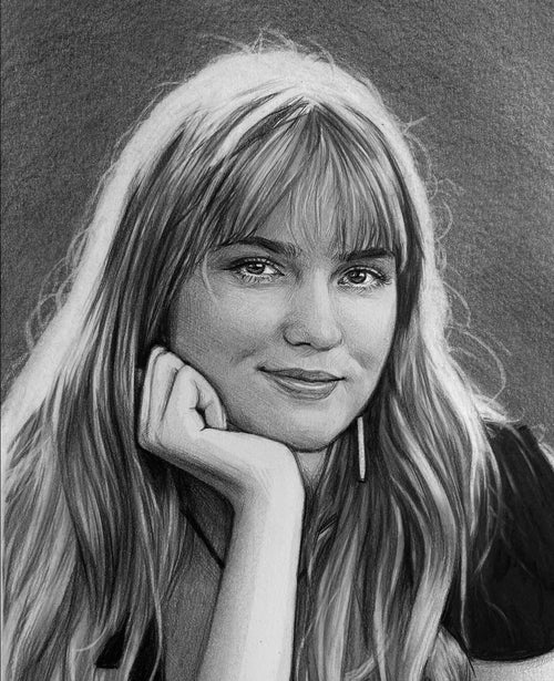 Pencil drawing of a woman with long hair and bangs, resting her head on her hand.