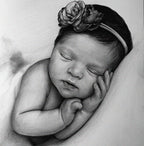 Detailed black and white graphite pencil drawing of a peacefully sleeping newborn baby. The baby is wearing a floral headband and has its tiny hands resting gently against its cheek.