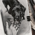 Highly detailed black and white graphite pencil drawing of a black Labrador Retriever seen from below, looking directly forward, with a human hand presenting a Monarch butterfly to it. The Monarch butterfly is on the fingertips, and the dog is looking down at it. The entire drawing is on textured paper on a wooden studio surface, surrounded by actual artist tools like pencils