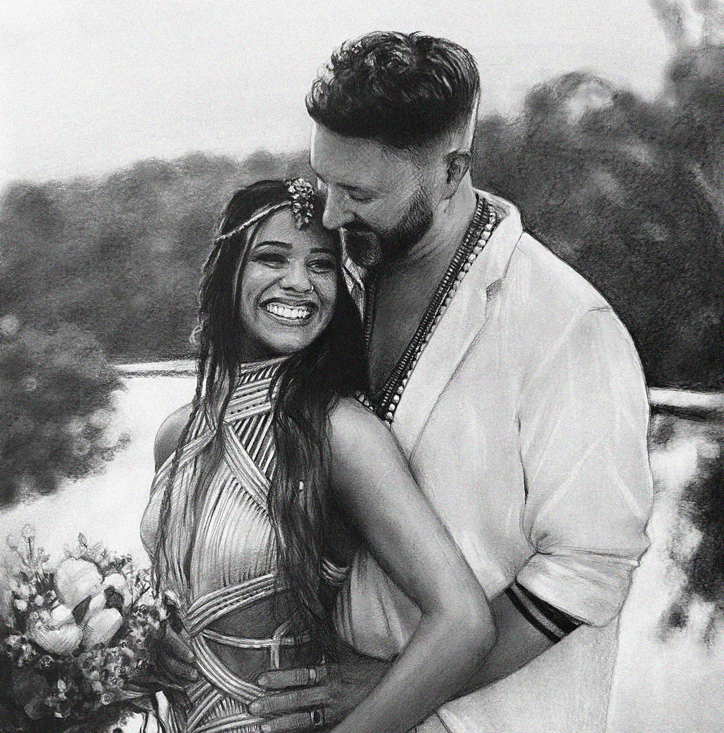 Detailed black and white graphite pencil drawing of a happy couple embracing outdoors. The smiling woman wears a jeweled headpiece and holds a bouquet, while the bearded man in a light jacket looks down at her affectionately.