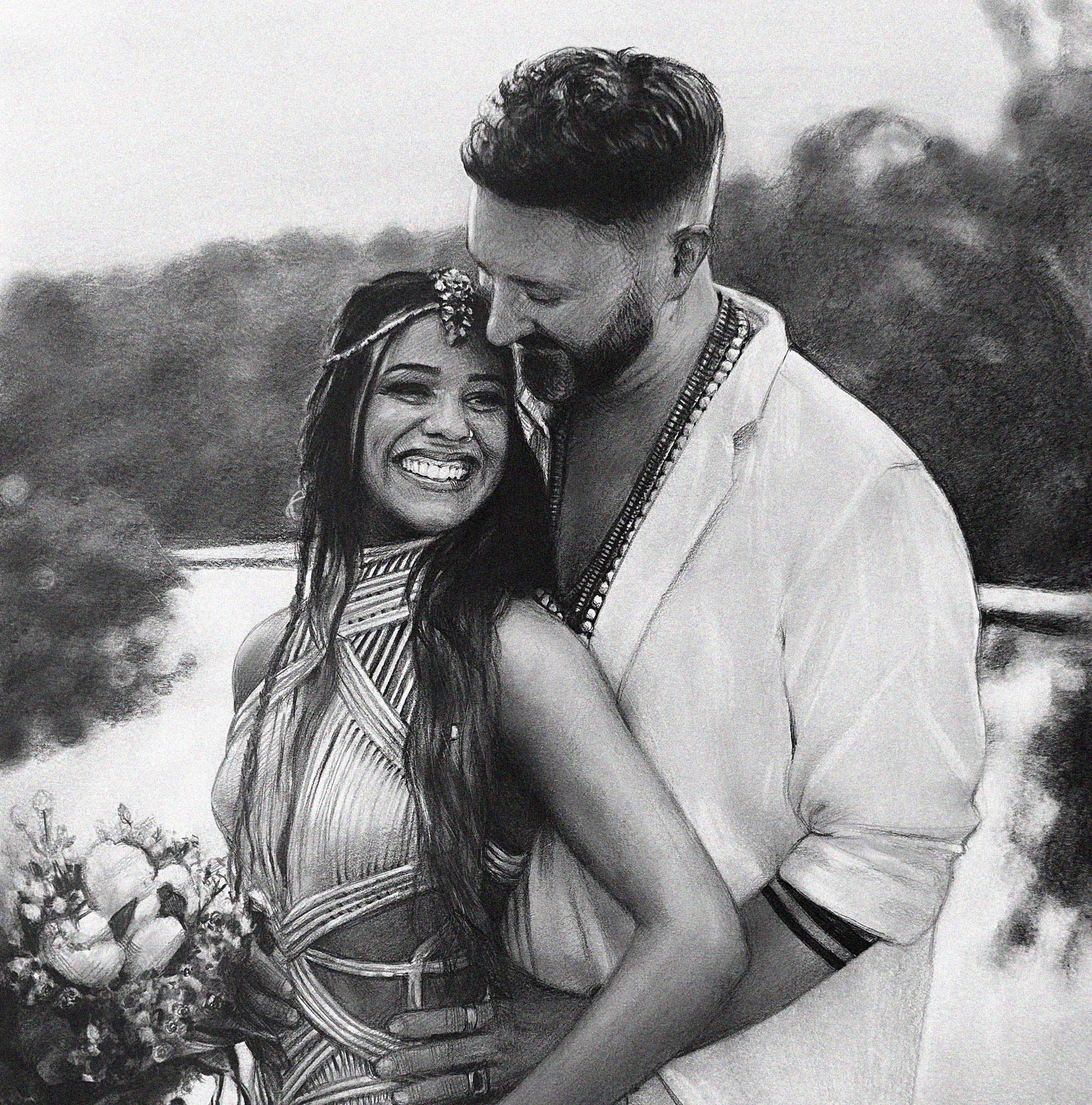 Detailed black and white graphite pencil drawing of a happy couple embracing outdoors. The smiling woman wears a jeweled headpiece and holds a bouquet, while the bearded man in a light jacket looks down at her affectionately.
