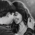 A detailed, close-up black and white pencil drawing of an intimate embrace between a happy man and woman. Their foreheads are touching, and the smiling woman, her eyes closed in joy, has her long wavy hair gently held by the man's hand. The drawing style uses soft charcoal or graphite shading on a textured paper surface. Both subjects are casually dressed and looking lovingly towards each other. The background is softly blurred.