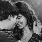 A detailed, close-up black and white pencil drawing of an intimate embrace between a happy man and woman. Their foreheads are touching, and the smiling woman, her eyes closed in joy, has her long wavy hair gently held by the man's hand. The drawing style uses soft charcoal or graphite shading on a textured paper surface. Both subjects are casually dressed and looking lovingly towards each other. The background is softly blurred.